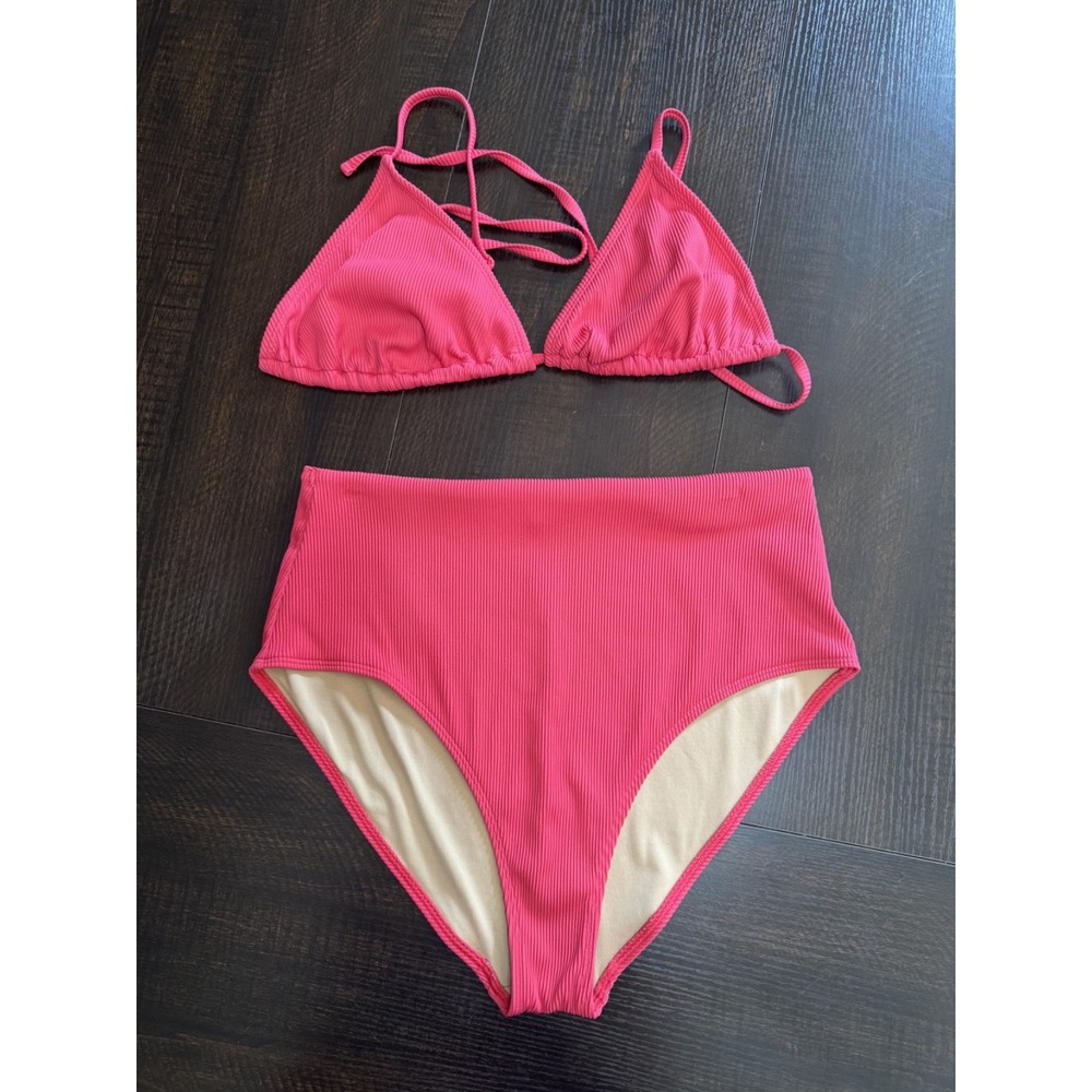 Old Navy Ribbed Triangle Bikini Set High Waisted Dark Pink Red Size L